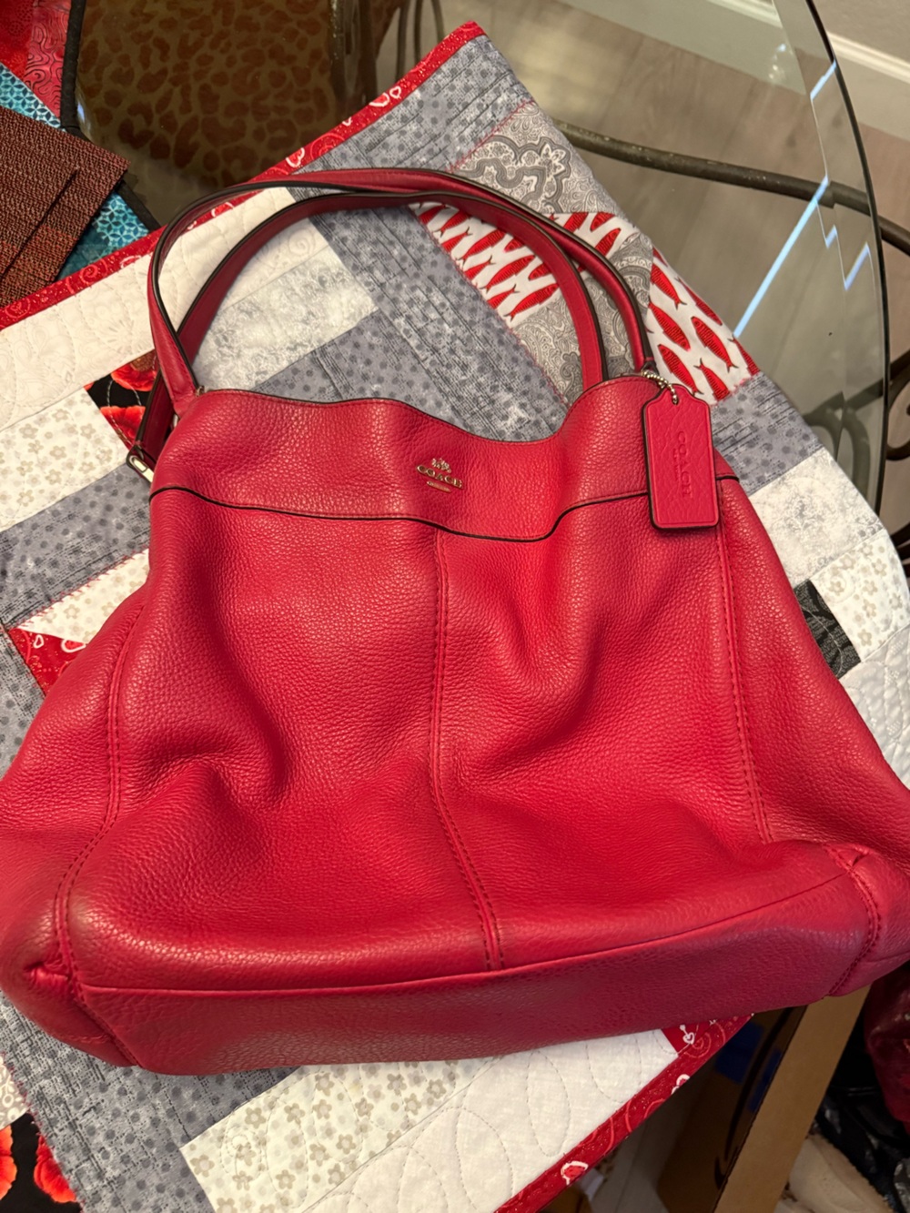 Coach Red Pebble Leather Shoulder Bag with Silver Hardware